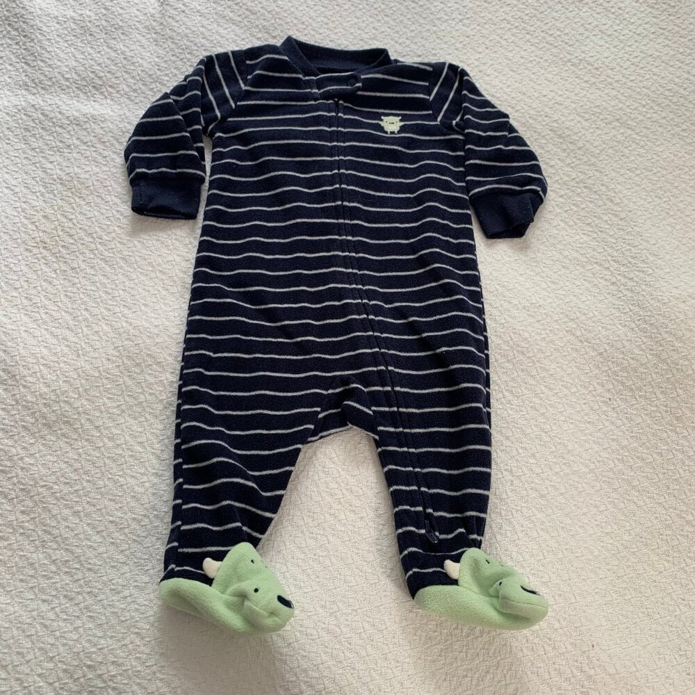 5/$25‎ Carters Baby Boy 3M Navy Striped Monster Fleece Footed Sleeper Pajamas